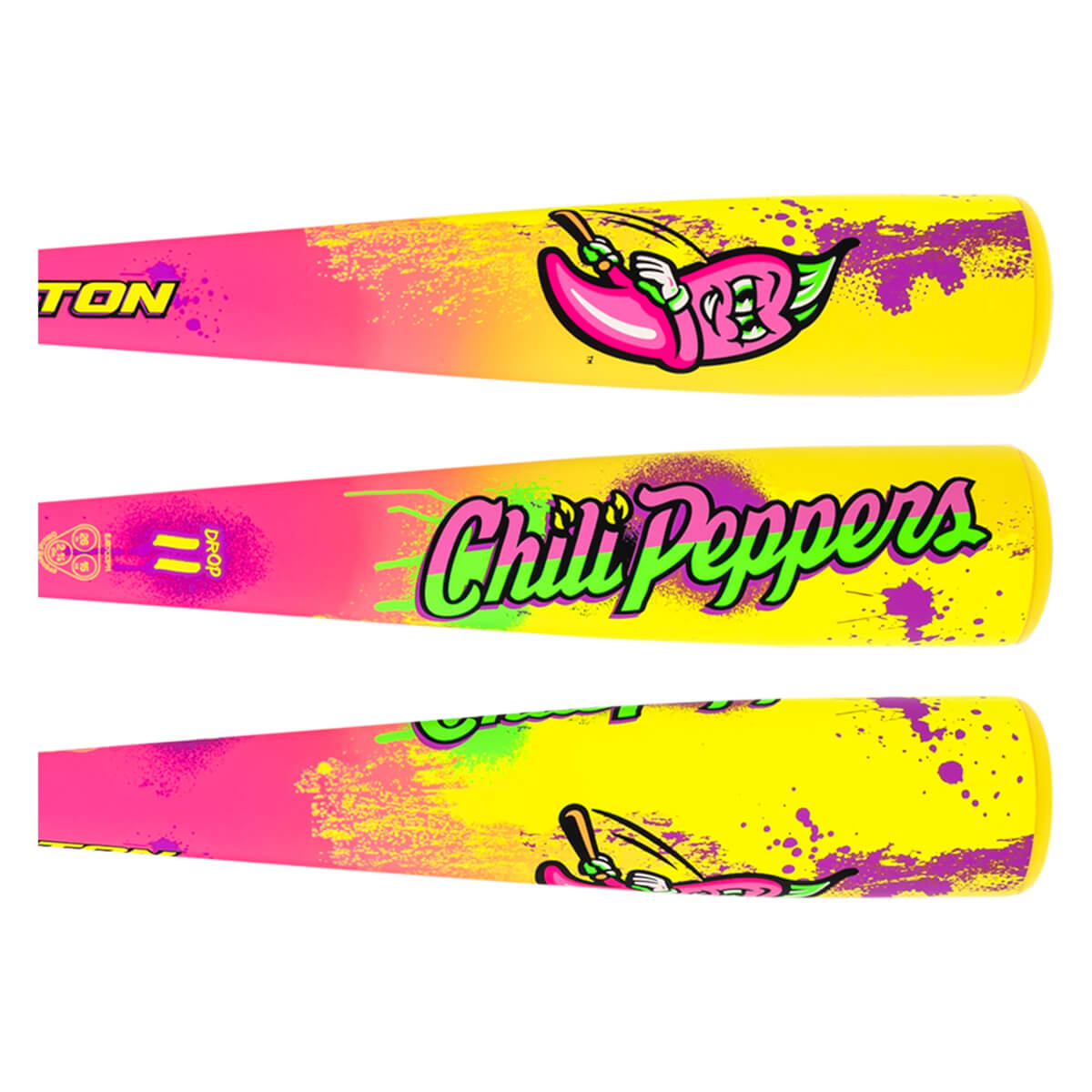 Top view of a baseball bat with "EASTON" and a chili pepper graphic.