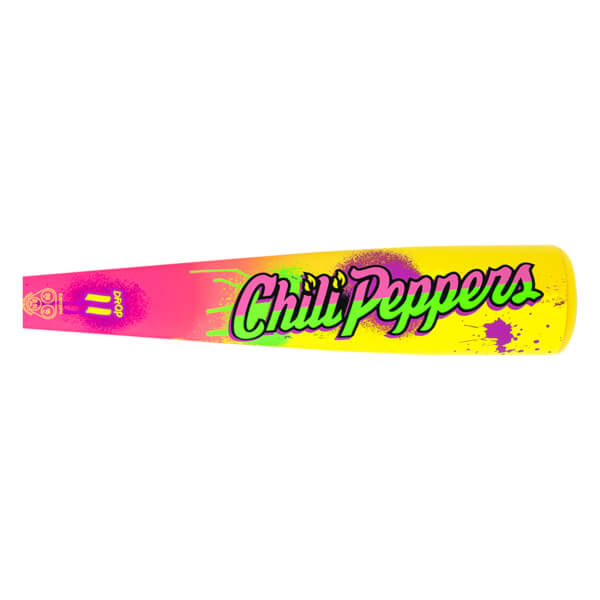 Side view of a yellow baseball bat with "Chili Peppers" in neon green and pink, and a pink gradient.