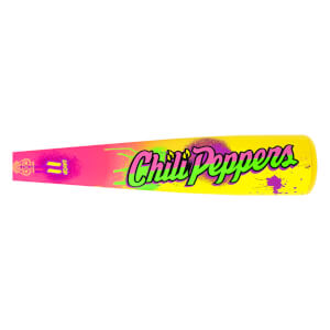 Side view of a yellow baseball bat with "Chili Peppers" in neon green and pink, and a pink gradient.