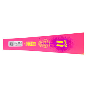 Side view of a pink baseball bat with yellow "DROP" text and graphics, and a barcode sticker.