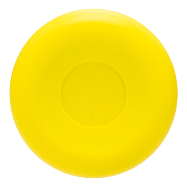 Top-down view of a bright yellow disc with a circular indentation in the center.