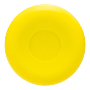 Top-down view of a bright yellow disc with a circular indentation in the center.