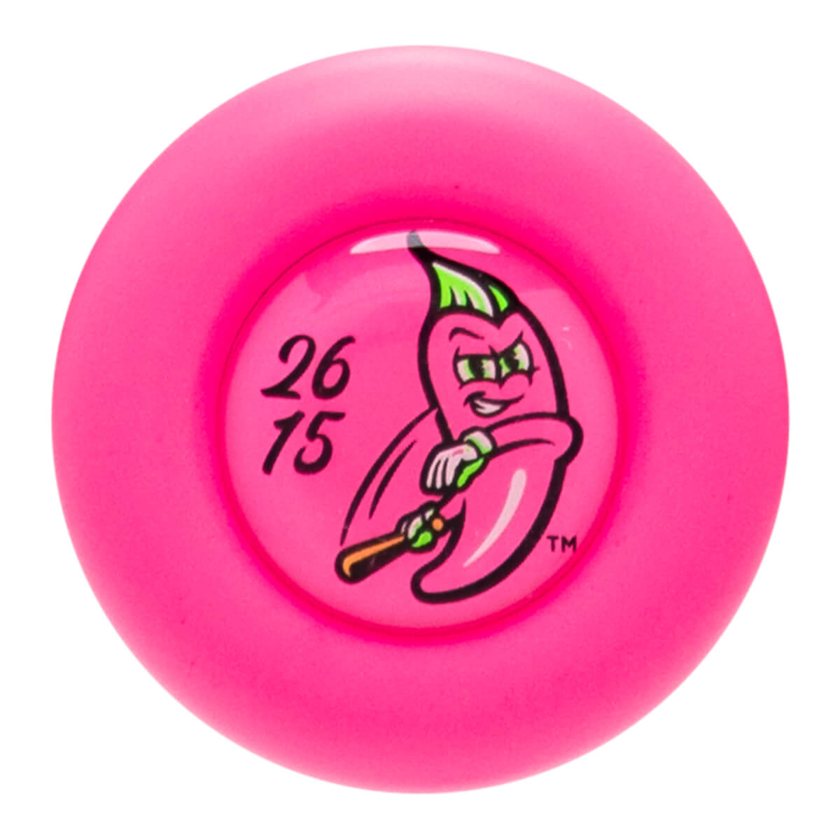 Top-down view of a pink baseball bat end cap with a cartoon chili pepper logo and "26 15" text.