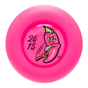 Top-down view of a pink baseball bat end cap with a cartoon chili pepper logo and "26 15" text.
