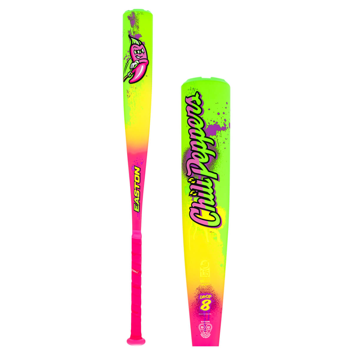 Side view of a neon baseball bat with a cartoon chili pepper graphic and "Chili Peppers" text.