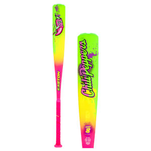 Side view of a neon baseball bat with a cartoon chili pepper graphic and "Chili Peppers" text.