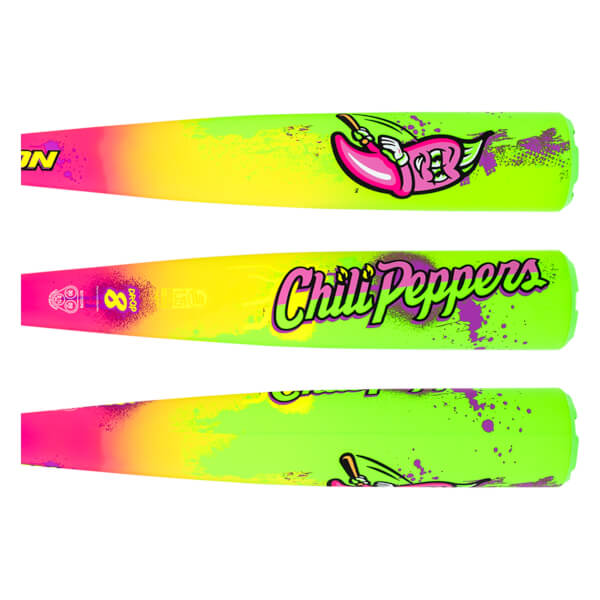 Side view of a baseball bat with a pink to yellow gradient, "Chili Peppers" text, and a cartoon chili pepper graphic.