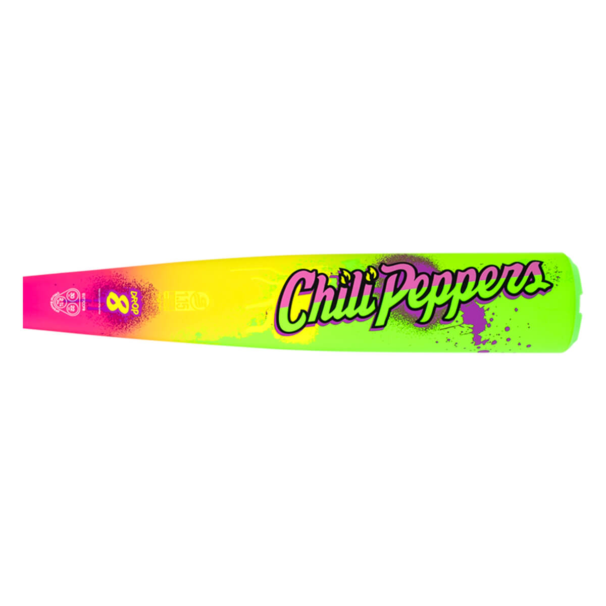 Side view of a baseball bat with a pink to green gradient, featuring "Chili Peppers" in neon green and purple spray paint accents.