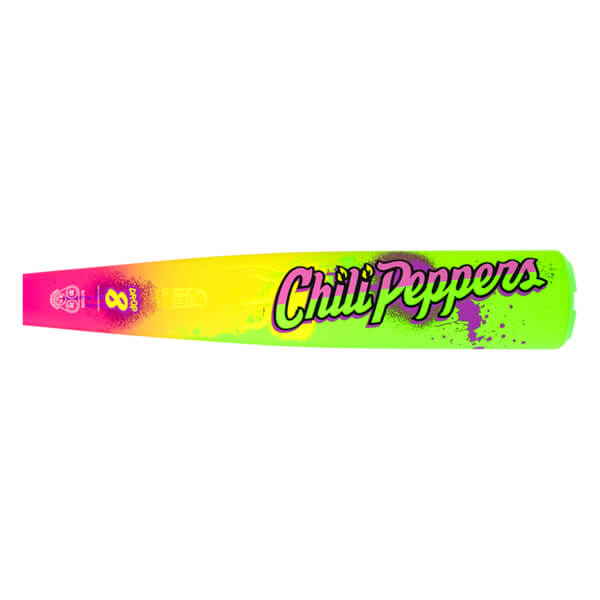 Side view of a baseball bat with a pink to green gradient, featuring "Chili Peppers" in neon green and purple spray paint accents.