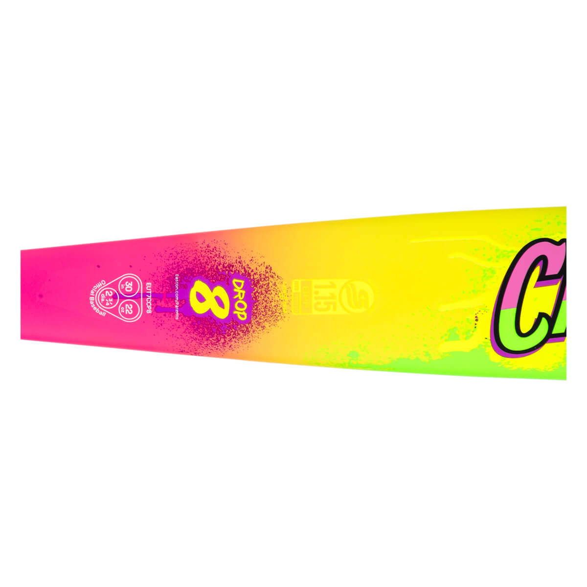 Side view of a baseball bat with a neon pink to yellow gradient, featuring a large yellow "8" and the word "DROP".