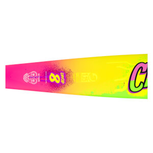 Side view of a baseball bat with a neon pink to yellow gradient, featuring a large yellow "8" and the word "DROP".
