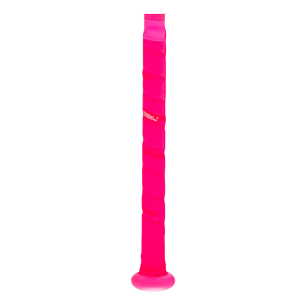 Side view of a bright pink bat grip with red "BOW" lettering visible.