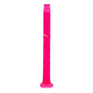 Side view of a bright pink bat grip with red "BOW" lettering visible.