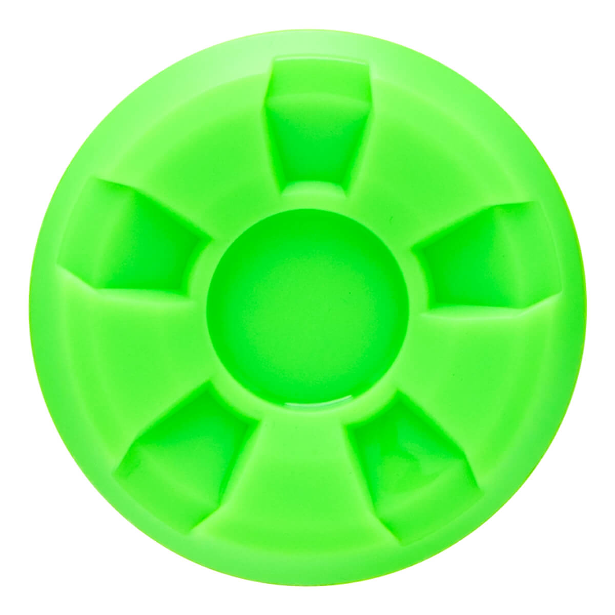 Top-down view of a bright green, circular object with five indented, geometric sections radiating from a central circle.