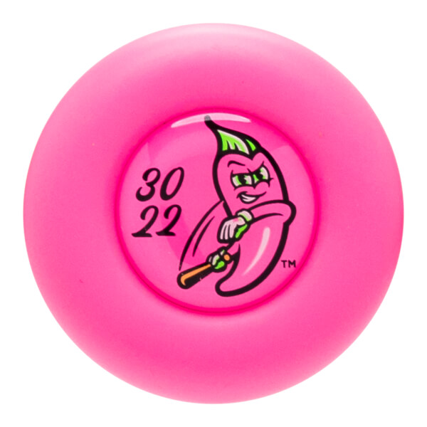 Top-down view of a pink baseball bat end cap with a cartoon chili pepper logo and "30 22" text.
