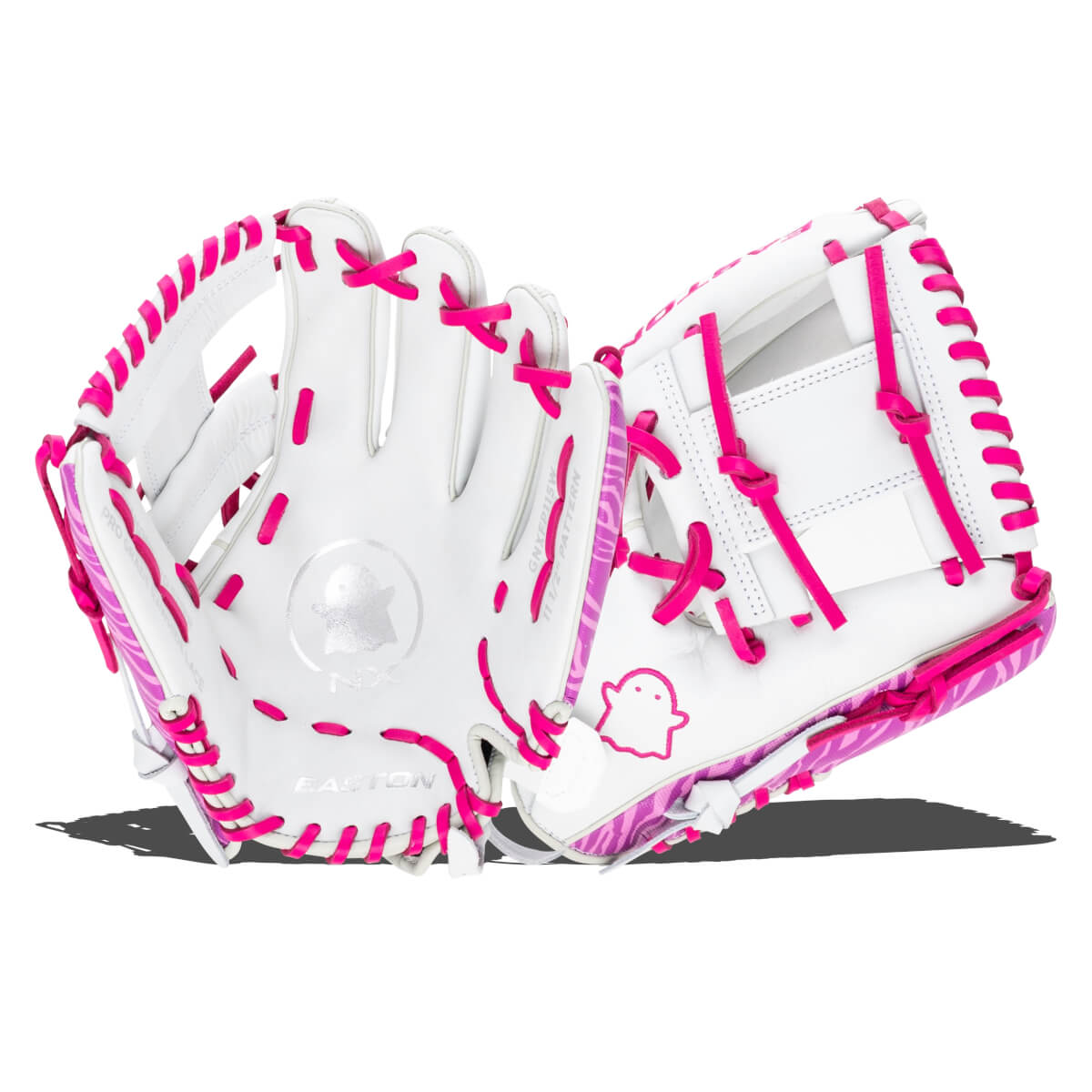 Front view of a white softball glove with bright pink lacing, a ghost logo, and "EASTON" text.