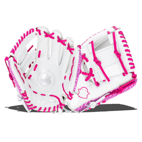 Front view of a white softball glove with bright pink lacing, a ghost logo, and "EASTON" text.