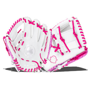 Front view of a white softball glove with bright pink lacing, a ghost logo, and "EASTON" text.