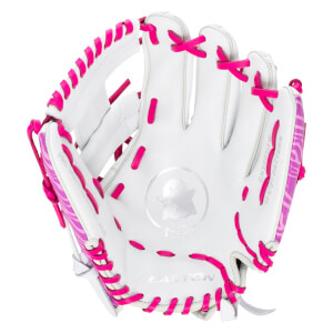 Front view of a white Easton baseball glove with bright pink lacing and a pink zebra-striped pattern on the side.