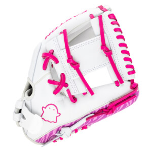 Side view of a white baseball glove with bright pink lacing and a pink zebra pattern on the palm.