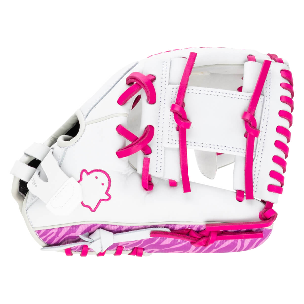 Side view of a white baseball glove with bright pink laces and a pink zebra pattern on the palm.
