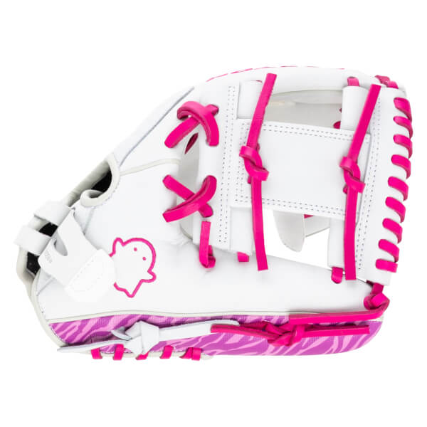 Side view of a white baseball glove with bright pink laces and a pink zebra pattern on the palm.