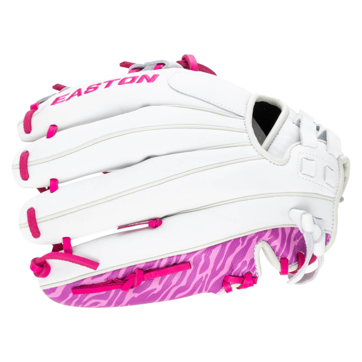 Top-down view of a white Easton baseball glove with pink lacing and a pink zebra print palm.