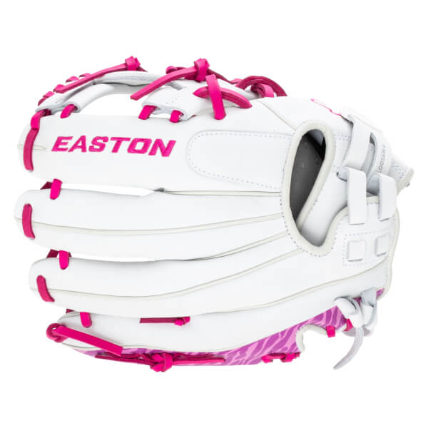Side view of a white Easton glove with pink lacing and a pink zebra pattern on the palm.