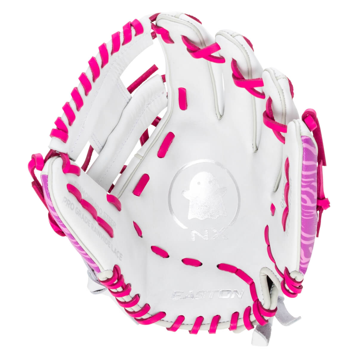 Top-down view of a white baseball glove with bright pink lacing, a ghost logo, and "EASTON" text.