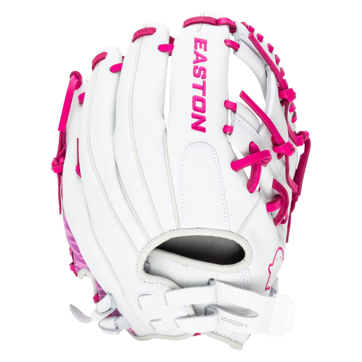 Front view of a white Easton softball glove with bright pink lacing and stitching.