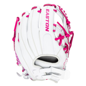 Front view of a white Easton softball glove with bright pink lacing and stitching.