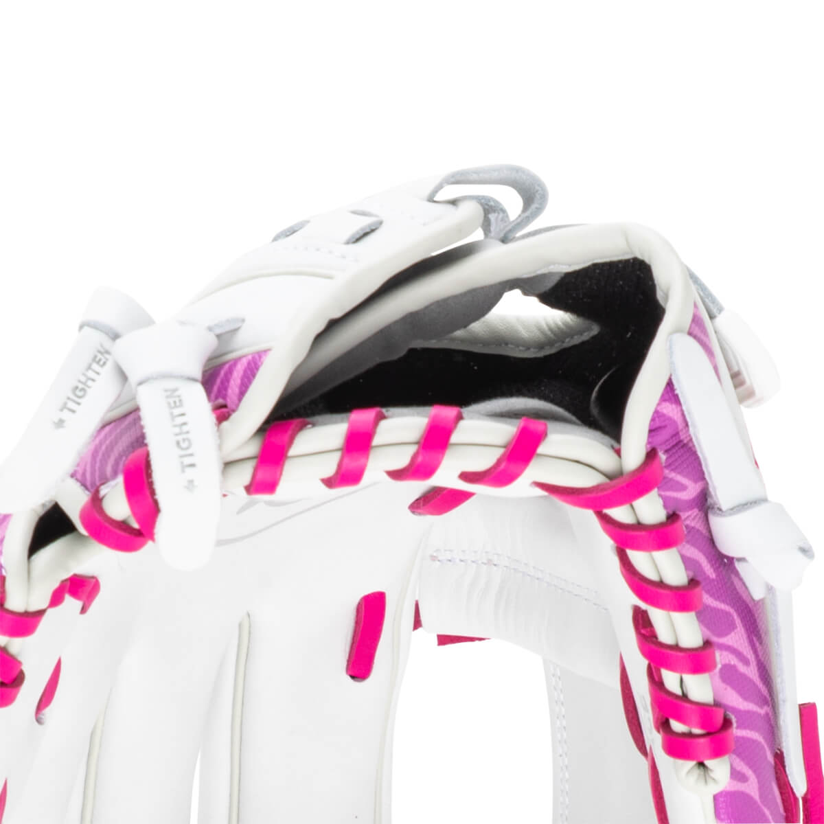 Close-up of a white baseball glove with pink lacing and a purple patterned fabric insert.