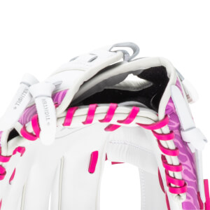 Close-up of a white baseball glove with pink lacing and a purple patterned fabric insert.