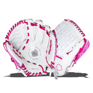 Open view of a white softball glove with bright pink lacing and a pink zebra pattern accent.