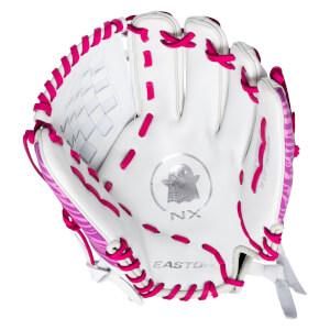 Top-down view of a white baseball glove with bright pink lacing, a ghost logo, and "EASTON" text.