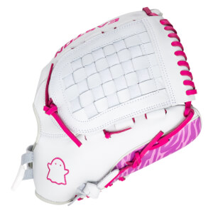 Side view of a white baseball glove with pink laces, a woven palm, and a pink zebra pattern on the heel.