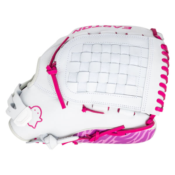 Side view of a white Easton softball glove with pink lacing and a pink zebra pattern on the palm.