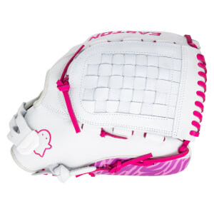 Side view of a white Easton softball glove with pink lacing and a pink zebra pattern on the palm.