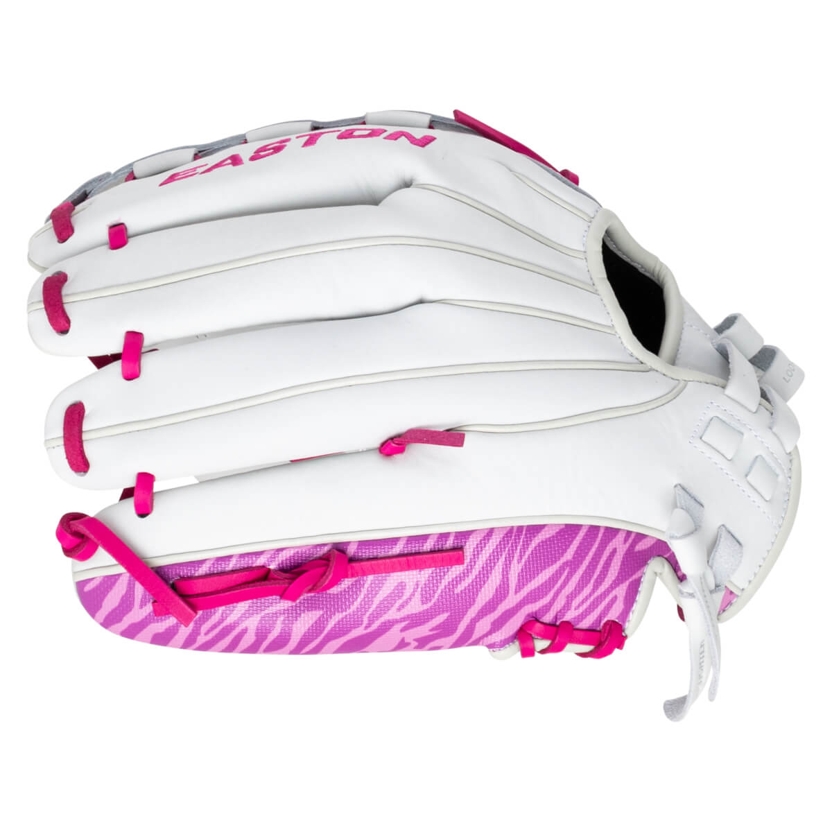 Side view of a white Easton glove with pink lacing and a pink zebra pattern on the palm.