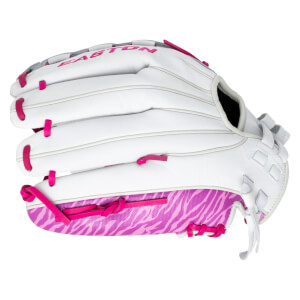 Side view of a white Easton glove with pink lacing and a pink zebra pattern on the palm.