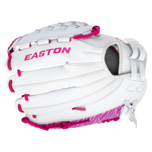 Front view of a white Easton baseball glove with pink lacing and a pink zebra pattern accent.