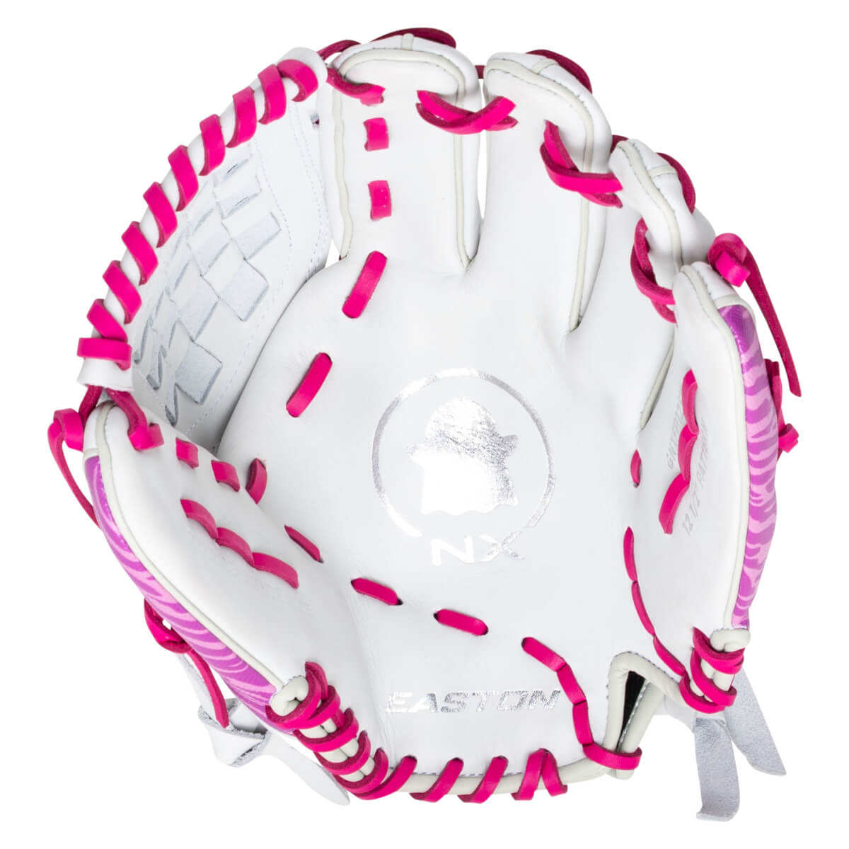 Top-down view of a white softball glove with bright pink lacing and a pink zebra pattern on the side.