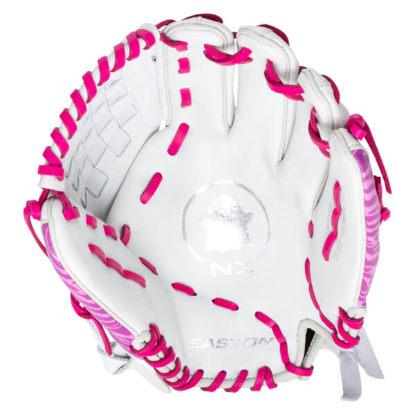 Top-down view of a white softball glove with bright pink lacing and a pink zebra pattern on the side.