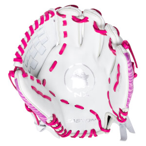 Top-down view of a white softball glove with bright pink lacing and a pink zebra pattern on the side.