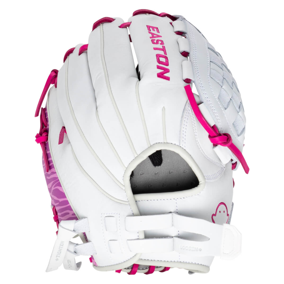 Front view of a white Easton softball glove with pink lacing and a pink zebra pattern on the side.