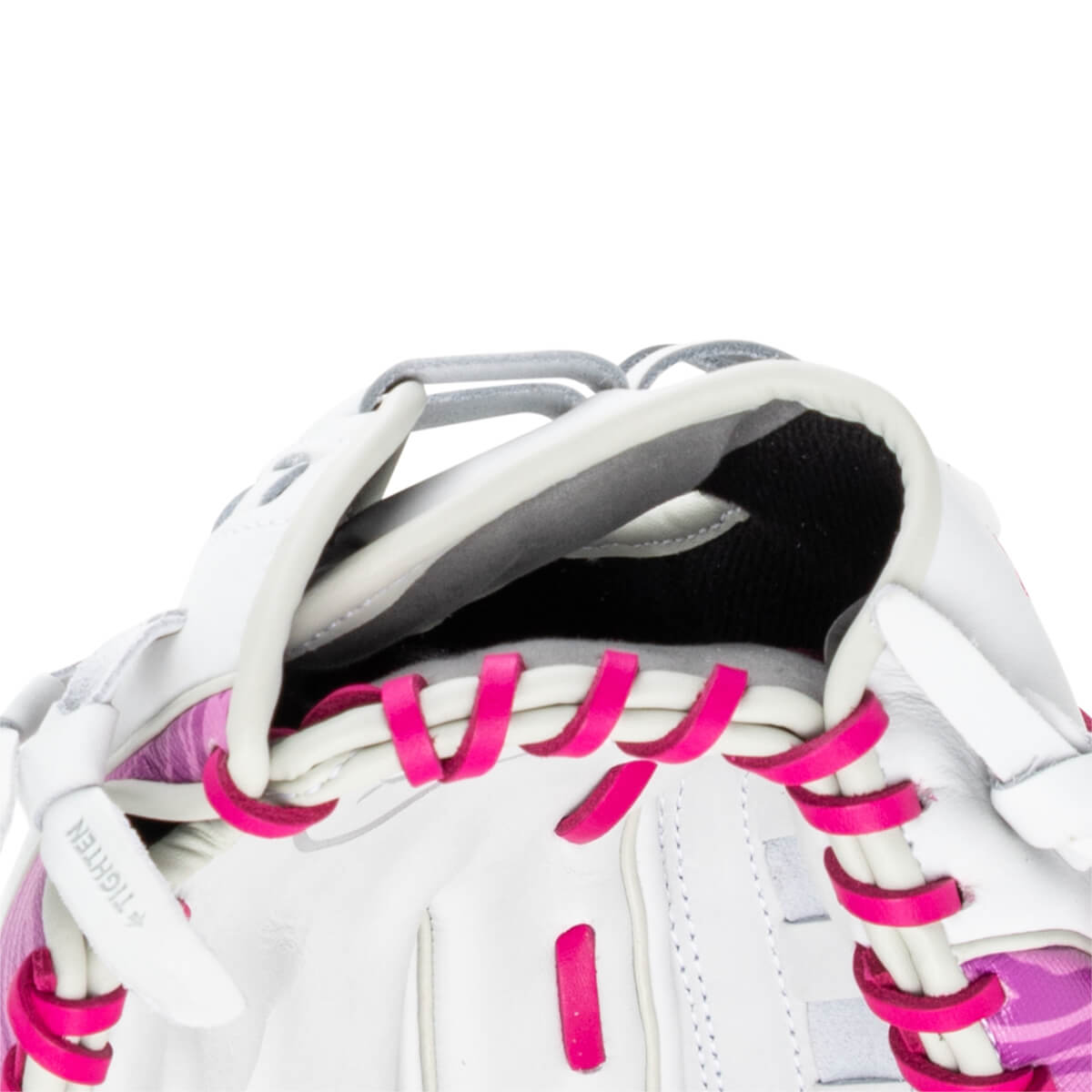 Close-up of a white baseball glove with bright pink lacing and a pink patterned interior.