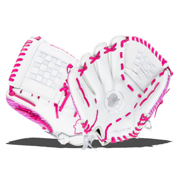 Front view of white Easton softball glove with pink lacing and a ghost logo.