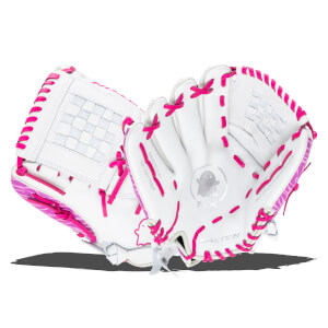 Front view of white Easton softball glove with pink lacing and a ghost logo.