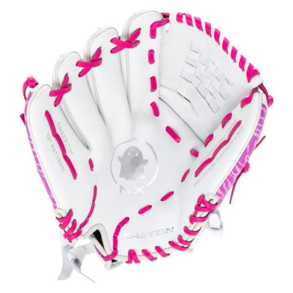 Top-down view of a white Easton softball glove with bright pink lacing and a ghost logo.