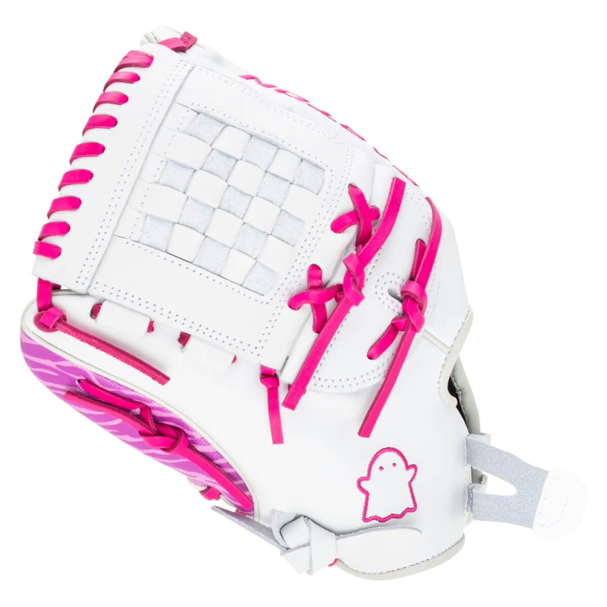 Side view of a white baseball glove with bright pink lacing, a woven palm, and a ghost logo.